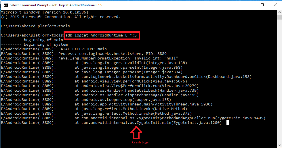 ADB Crash Logs for Android in Command Prompt