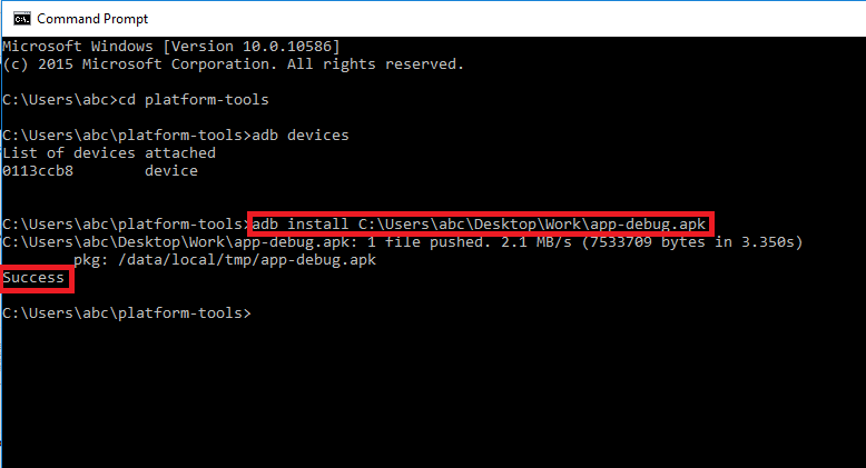 Type command Adb Install and give a path to the folder where the .Apk file is available