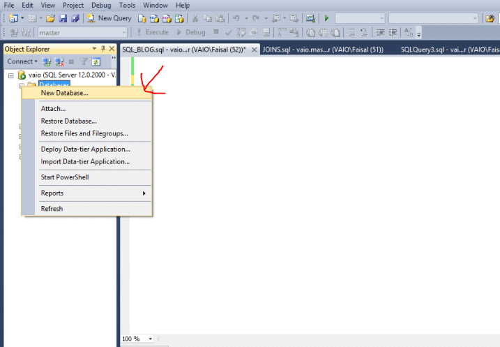 Move your cursor to the database folder in ‘Object Explorer’. Then, press ‘Right Click’ on a database.