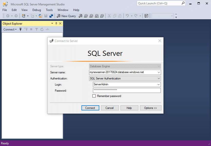 Then, click on the button Connect. The Object Explorer window opens in SSMS.