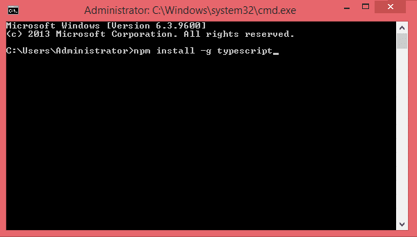 The command to install TypeScript entered in Command Prompt