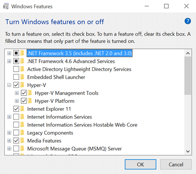 Select Hyper-V to enable on the Windows 10 machine.